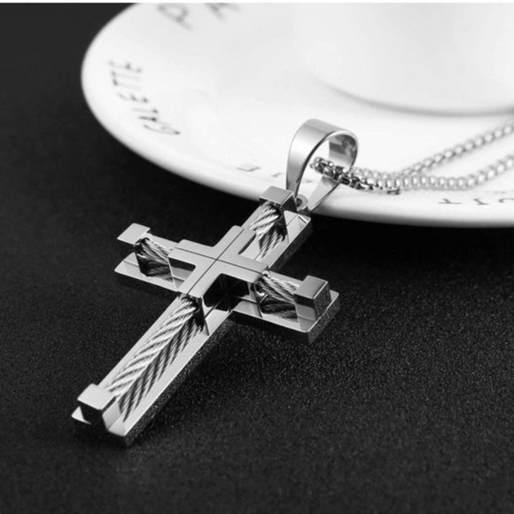 Silver Stainless Steel Men's Cross Necklace - Picture 3 of 4